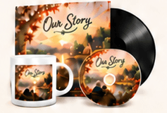 Example personalized vinyl record, CD, and mug