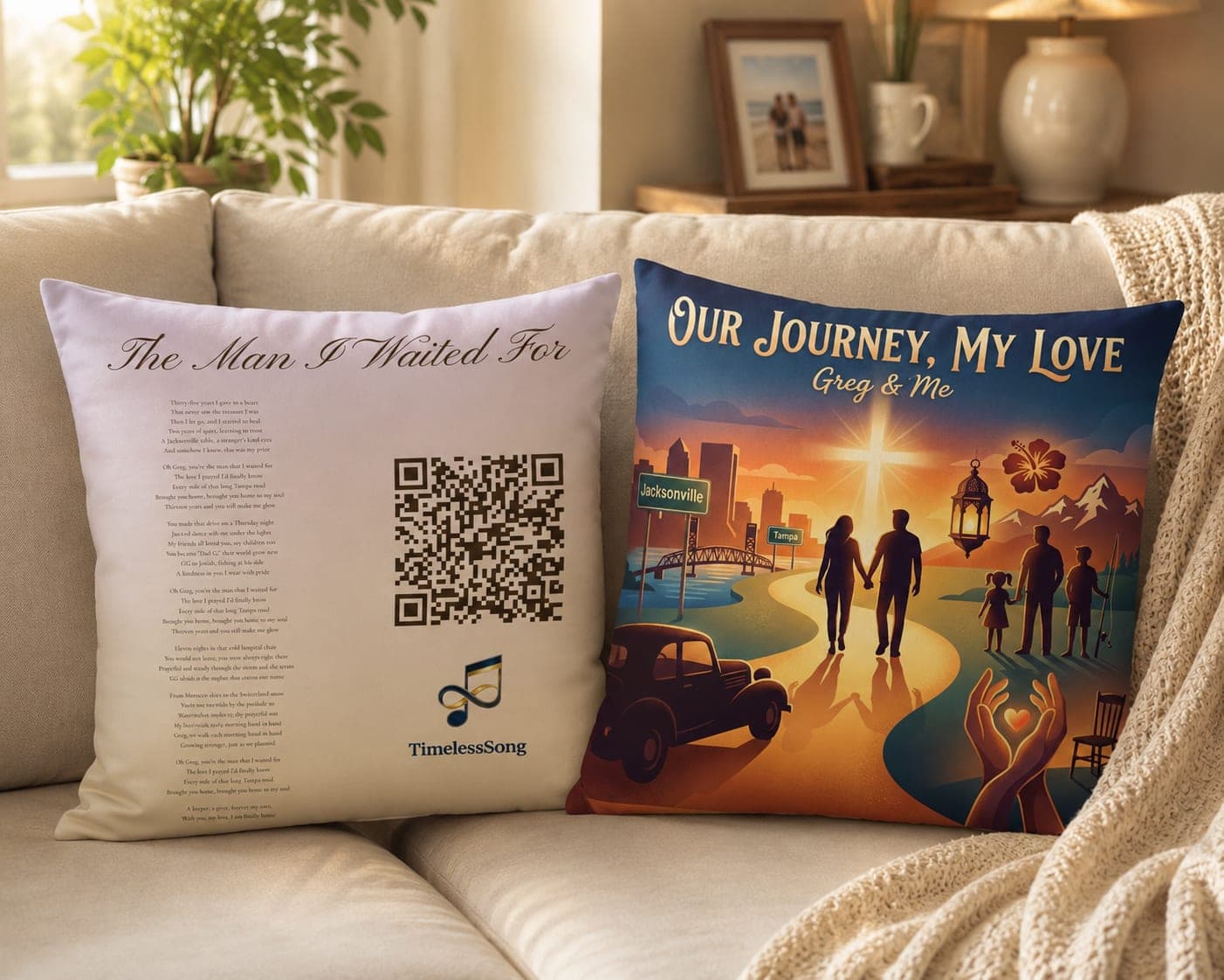 Two matching pillows on a sunlit sofa: the printed lyrics and QR code on one, the album art on the other.