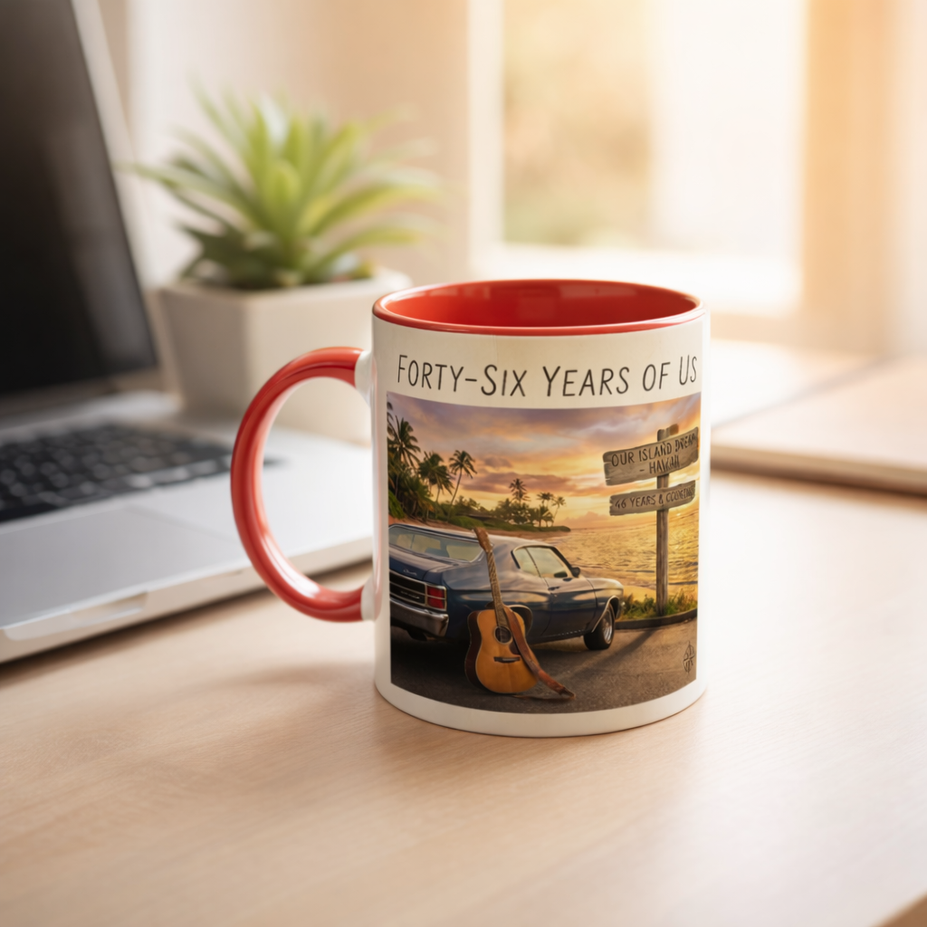 Close-up of vivid album art printed on ceramic mug