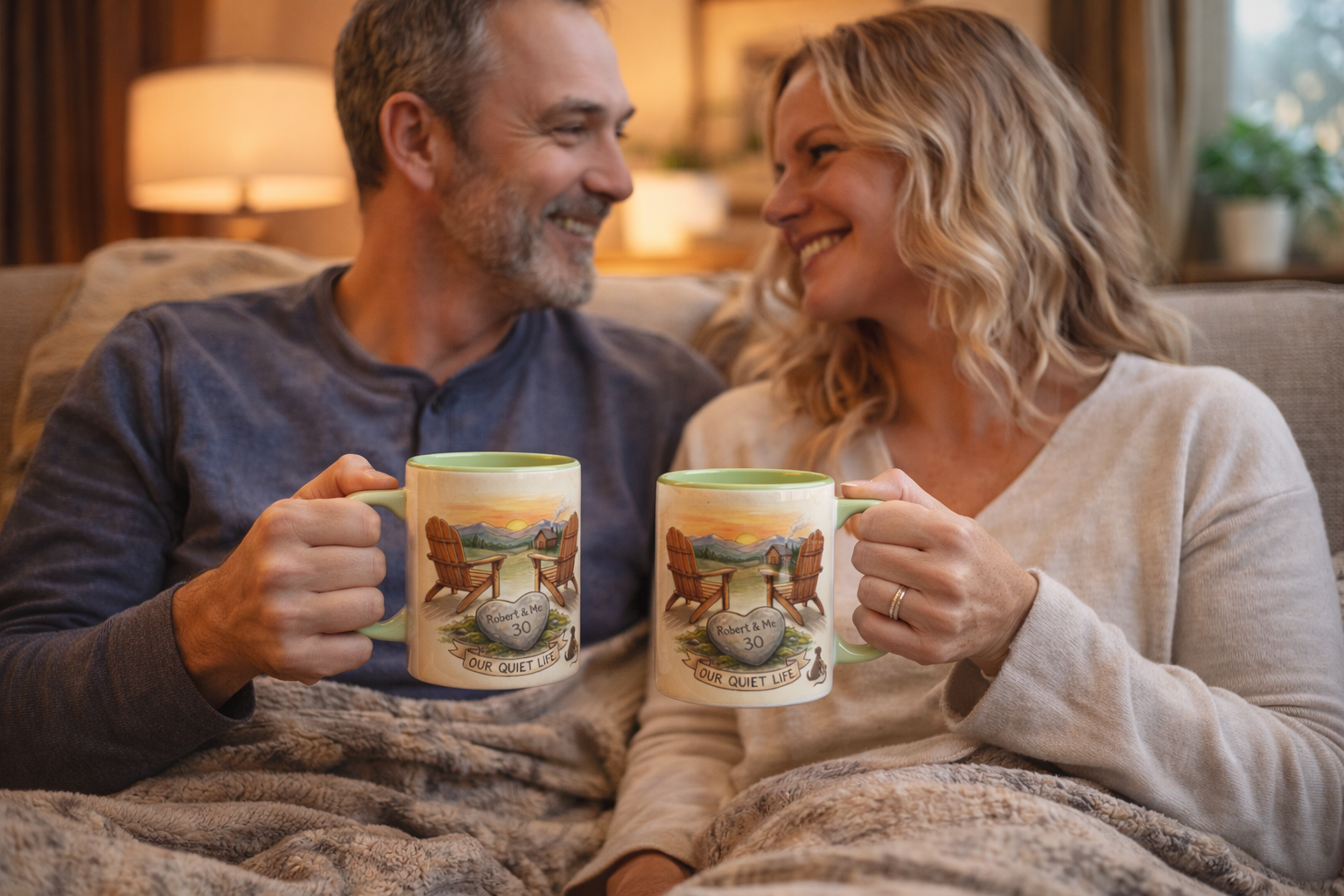 Couple enjoying matching custom mugs together