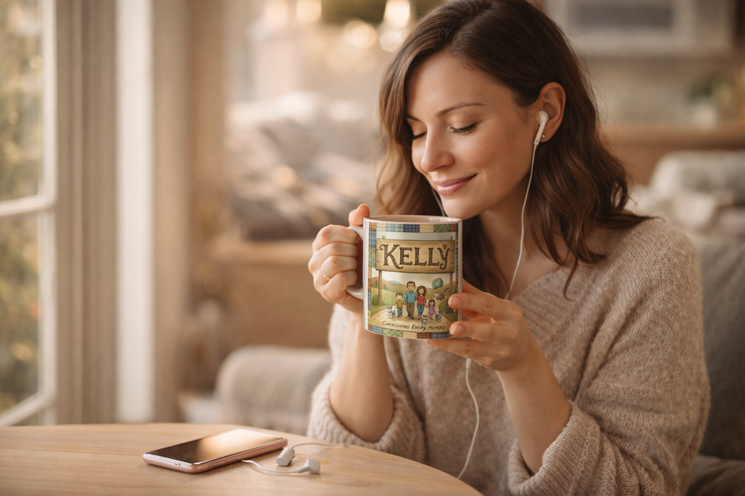 Woman enjoying her morning coffee from a custom mug while listening to her song